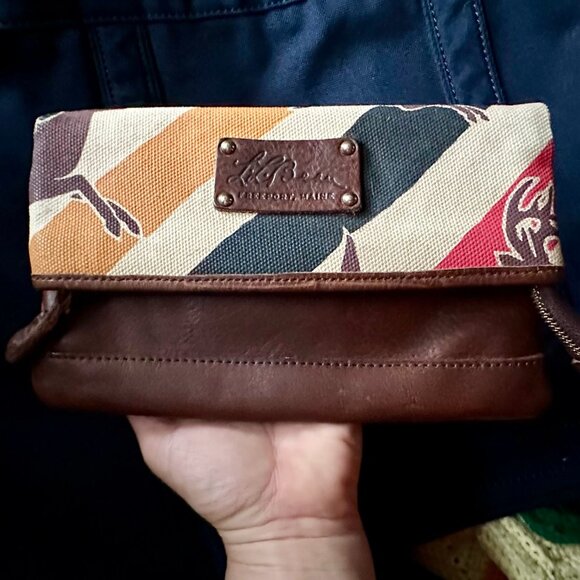 L.L. Bean Handbags - LL Bean Signature Clutch Purse Wallet Striped Deer Print Canvas Leather
